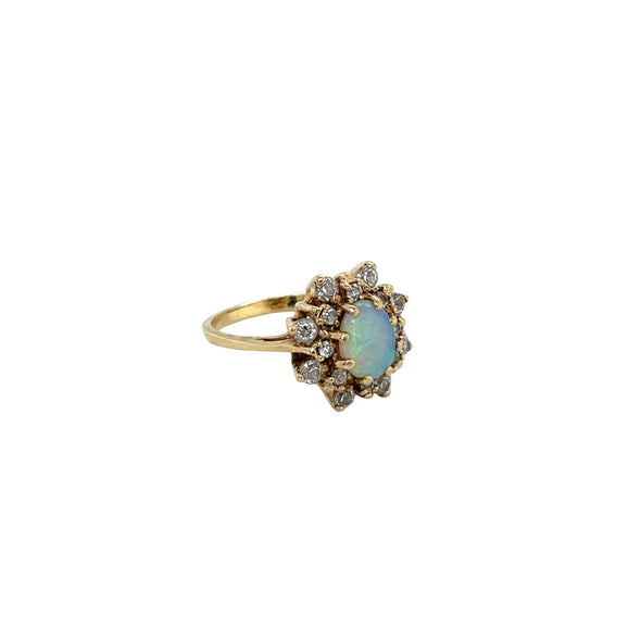 14K 1970s Yellow Gold Opal and Diamond Ring