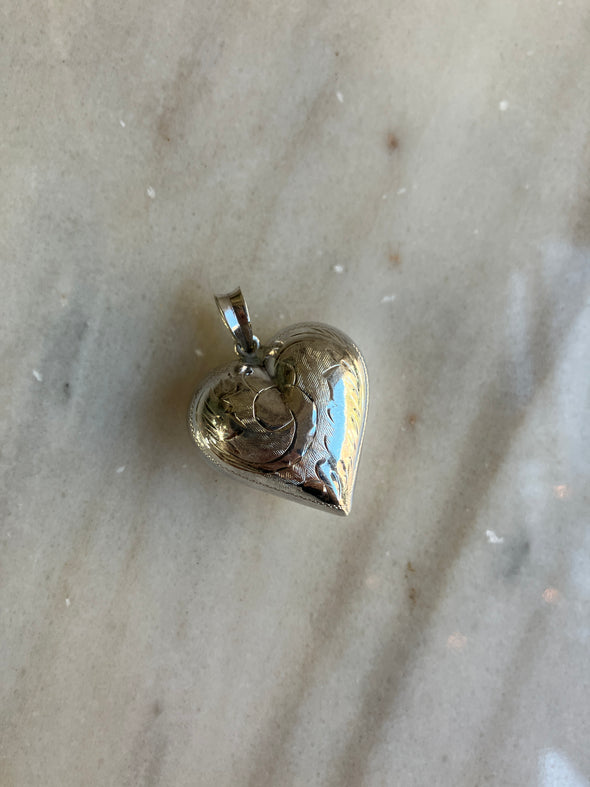 Retro Vintage Sterling Silver Puffy Engraved Heart Charm Pendant