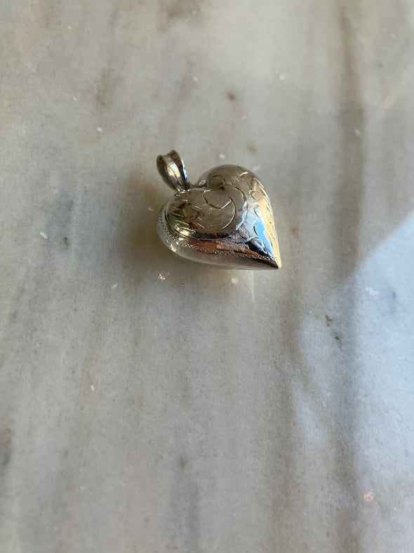 Retro Vintage Sterling Silver Puffy Engraved Heart Charm Pendant