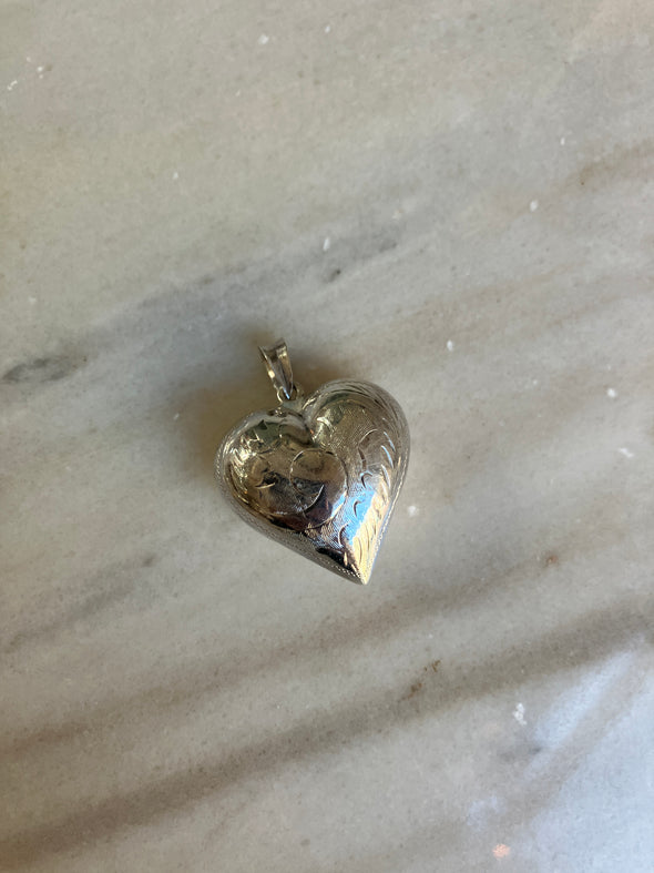 Retro Vintage Sterling Silver Puffy Engraved Heart Charm Pendant