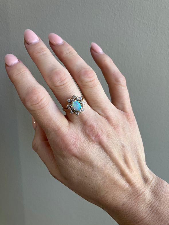 14K 1970s Yellow Gold Opal and Diamond Ring