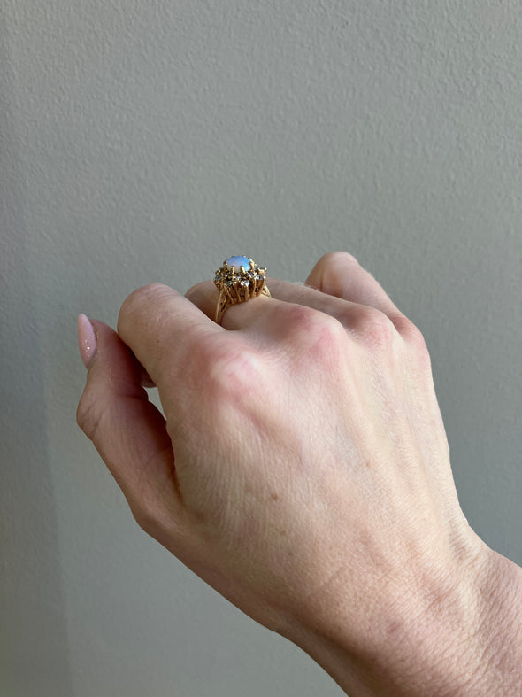 14K 1970s Yellow Gold Opal and Diamond Ring