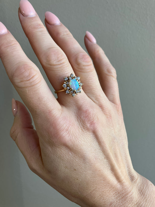 14K 1970s Yellow Gold Opal and Diamond Ring