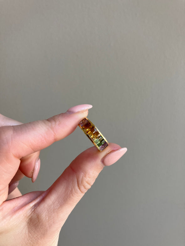 18K Yellow Gold Rainbow Ring Baguette Muti-Gemstones