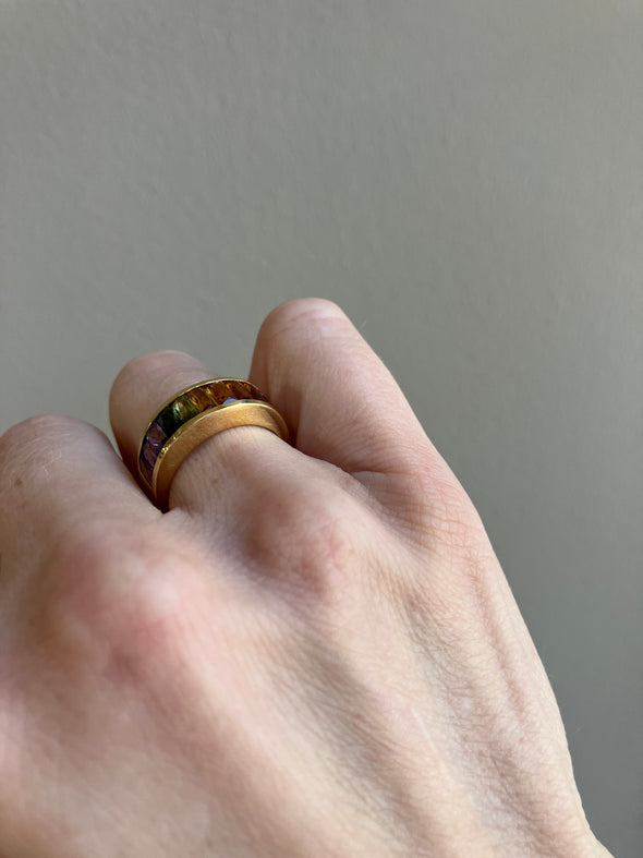 18K Yellow Gold Rainbow Ring Baguette Muti-Gemstones