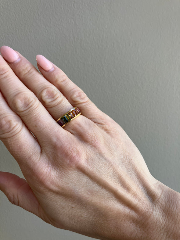 18K Yellow Gold Rainbow Ring Baguette Muti-Gemstones