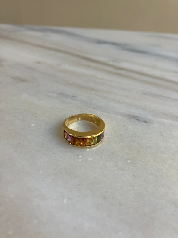 18K Yellow Gold Rainbow Ring Baguette Muti-Gemstones