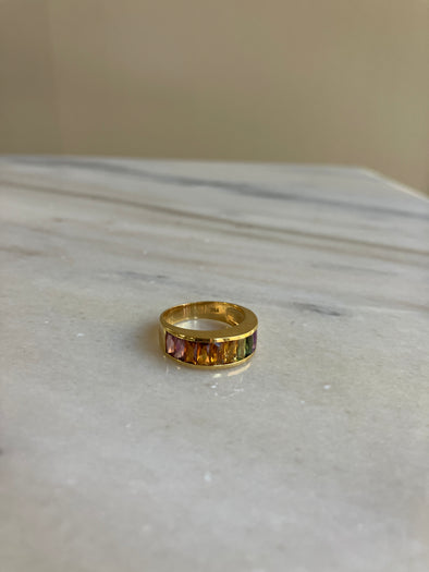 18K Yellow Gold Rainbow Ring Baguette Muti-Gemstones