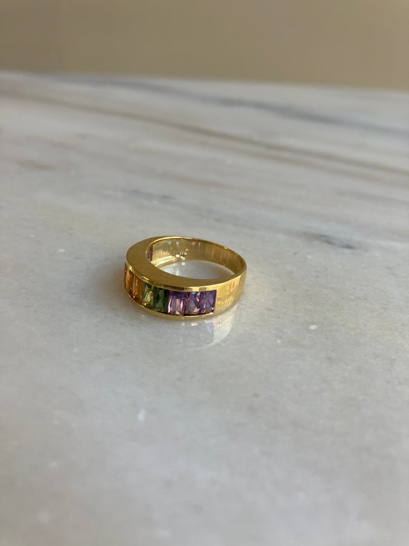 18K Yellow Gold Rainbow Ring Baguette Muti-Gemstones