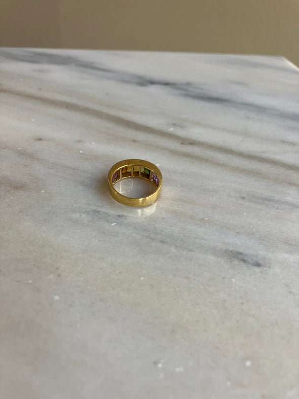 18K Yellow Gold Rainbow Ring Baguette Muti-Gemstones