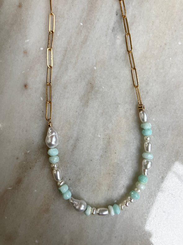 Amazonite and pearl necklace