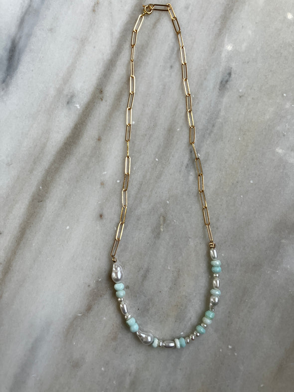 Amazonite and pearl necklace