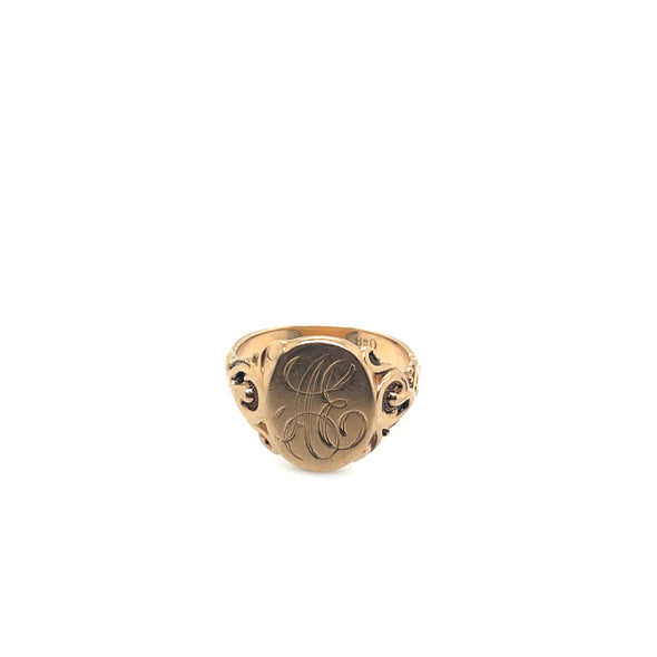 Antique 1900s Otsby and Barton 10k Yellow Gold Engraved Signet ring