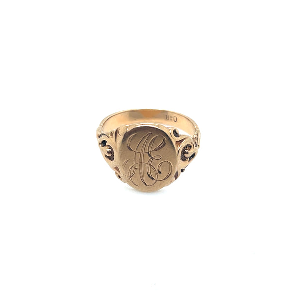 Antique 1900s Otsby and Barton 10k Yellow Gold Engraved Signet ring