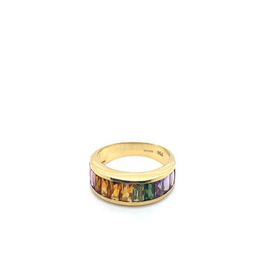 18K Yellow Gold Rainbow Ring Baguette Muti-Gemstones