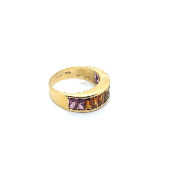 18K Yellow Gold Rainbow Ring Baguette Muti-Gemstones