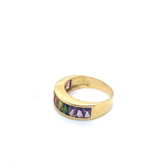 18K Yellow Gold Rainbow Ring Baguette Muti-Gemstones