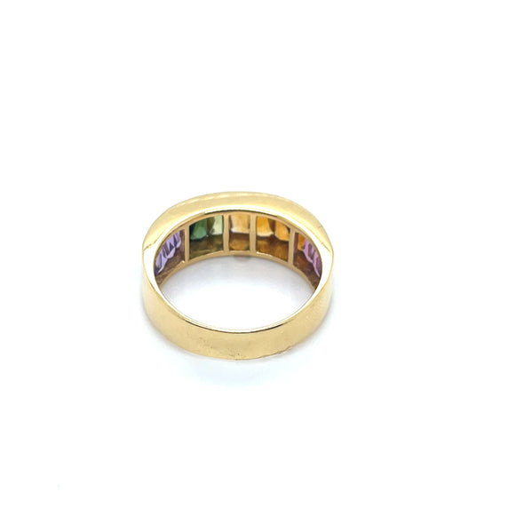 18K Yellow Gold Rainbow Ring Baguette Muti-Gemstones