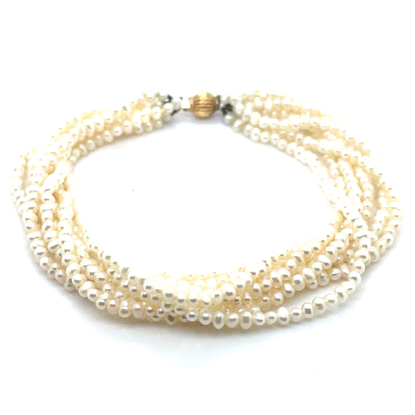 Retro 14k yellow gold clasp petite freshwater pearl torsage bracelet